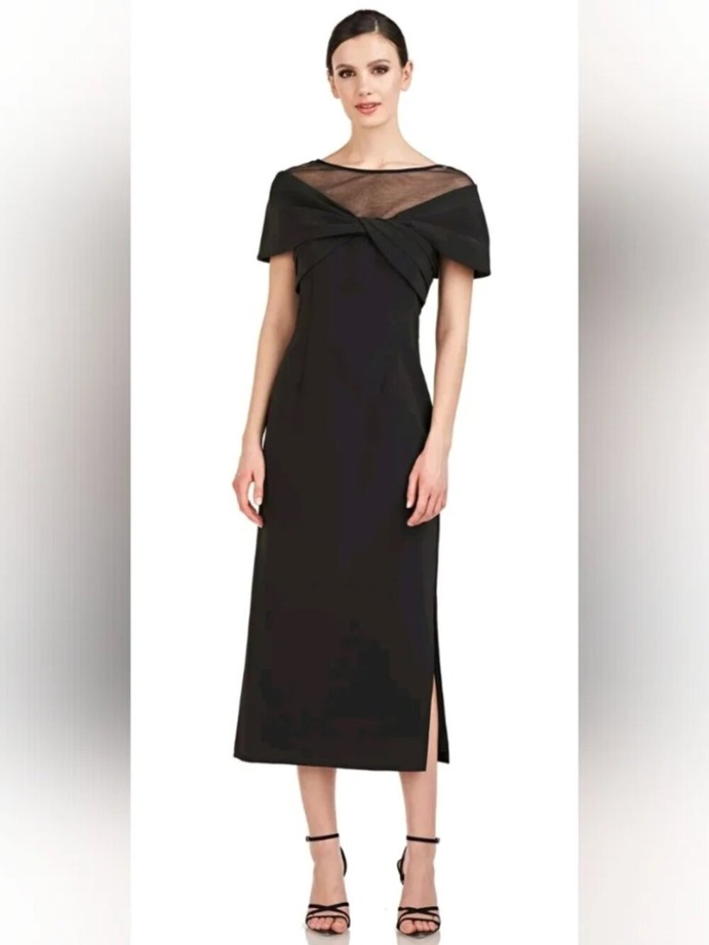 JS Collections Black Sheer Yoke Twist Pleated Stretch Crepe Slit Midi Dress 2